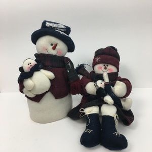 Snow Man Family Shelf Sitters Plaid Winter Clothes Burgandy Blue White 2 Holiday